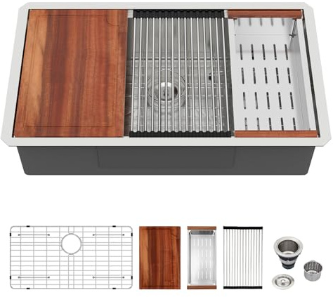 Logmey 33 Undermount Kitchen Sink Workstation 33x19 SUS304 16 Gauge Stainless Steel Under Counter Single Bowl Kitchen Sinks 33x19x9 Inch
