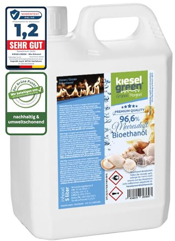 KieselGreen Bioethanolo 5 Litri con Fragranza per Caminetto a Etanolo – Bio-etanolo profumato per Ambienti, molte Fragranze - Profumo per Caminetto a bioetanolo da Interno o da Tavolo