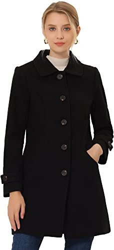 Allegra K Women's Winter Overcoat Peter Pan Collar Single Breasted Pea Coat | Mid-thigh A-line Outerwear, Long Sleeve, Elegant Coat, Pockets, Work Office, Business Casual