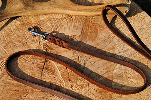BULLYZEI Lederleine geflochten Antik-Leder 13mm x 10m ohne Schlaufe Silber Karabiner Schleppleine Fährtenleine