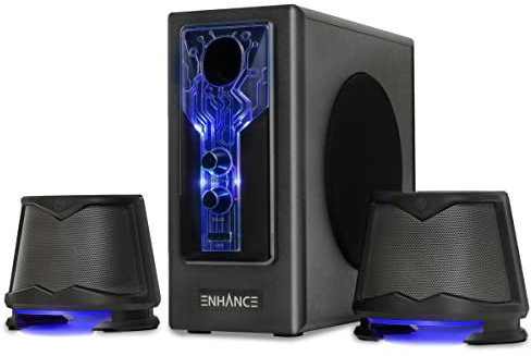 ENHANCE SB 2.1 Altoparlanti per Computer con Subwoofer - Casse Gaming con LED Blu, Sistema Audio ad Alta Escursione, con Jack da 3.5mm, Controllo Volume e Bassi, Compatibili con PC Gaming, Laptop