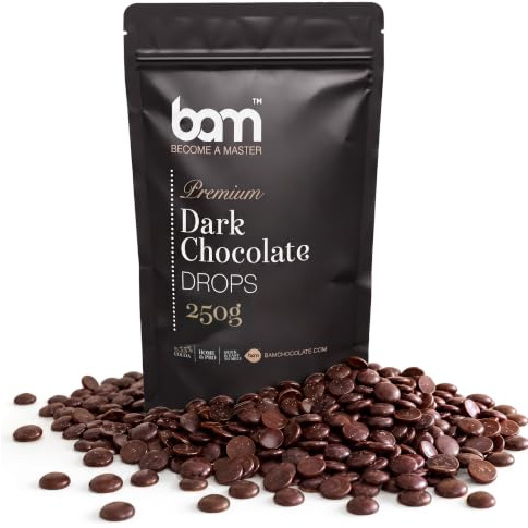 BAM Zartbitter Schokolade Drops – Kuvertüre Backschokolade (55,6% Kakao) – Schokodrops zum Backen & Schmelzen – Dark Chocolate Chips für Cookies, Schokofondue & Schokobrunnen - 250 g