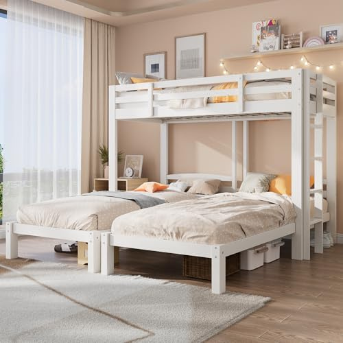 Merax Letto a tre letti a castello per 3 bambini, triplo letto a castello con scala laterale, 90 x 200 cm, con rete a doghe e protezione dalla caduta, versatile struttura in legno, stabile, bianco