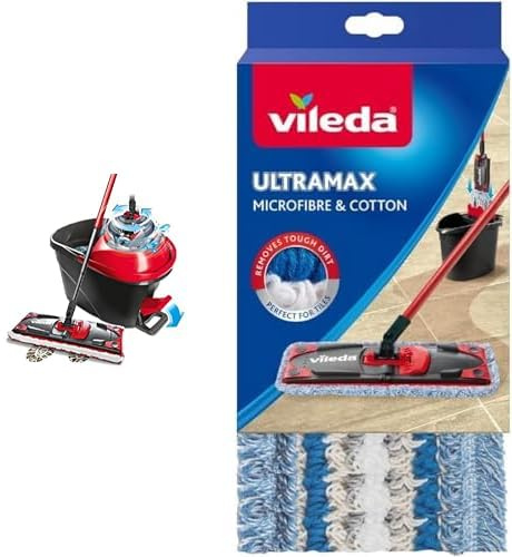 Vileda ULTRAMAX Turbo Kit Lavage Sol Complet, Balai, Housse en Microfibre & Housse Micro & Coton pour Balai à Plat Ultramax, 120g