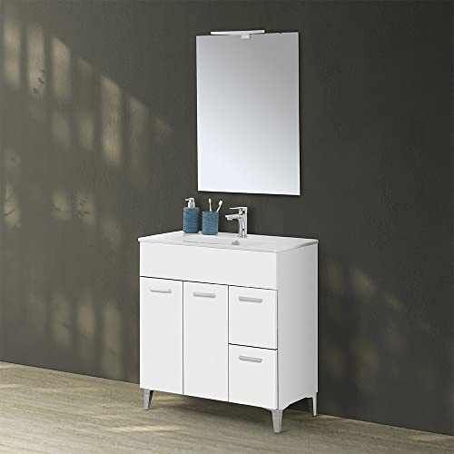 Inbagno Mobile Bagno a Terra 80 cm Due Ante e Due cassetti Bianco Lucido Specchio Reversibile 62x78 cm con Lampada a LED 30 cm
