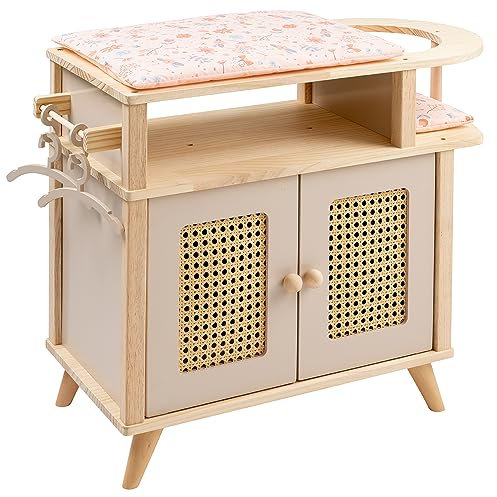 howa Puppenwickeltisch Puppenschrank aus Holz miniflowers Puppenmöbel mit Puppensitz, Auflage, 2 Kleiderbügeln 2760