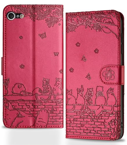 Butnyeoe Handyhülle für iPhone SE 2022/SE 2020,Zaunkatzen iPhone 8/7 Klappbar Hülle,Geprägtes PU Leder Wallet Schutzhülle Tasche Flip Case,Magnetische Klapphülle mit Kartenfach Standfunktion,Mauve/Rot