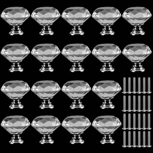 PINGEUI 18 Pack Crystal Door Drawer Handles, 30mm Drawer Handles Diamond Door Knobs with 18 Screw, Clear Glass Drawer Knobs for Home Kitchen, Office, Chest Bin, Drawer Decorating
