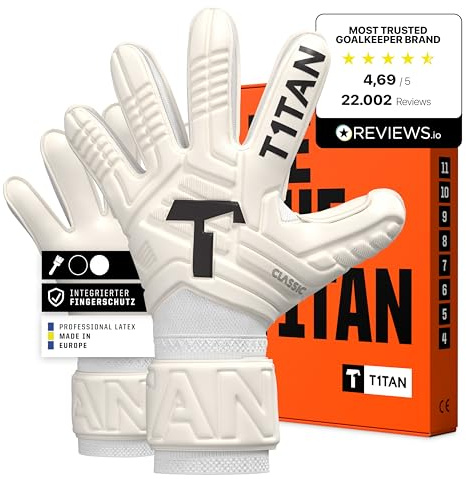 T1TAN Training Torwarthandschuhe Kinder, Herren Classic White Out, Fingerschutz Gr. 4-11, Torhüterhandschuhe Erwachsene, Tormannhandschuhe Jugendliche, Torwarthandschuhe Kinder, 5-15+ Jahre