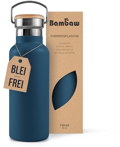 Bambaw Thermos 750ml, Wasserflasche Blau, Edelstahl Trinkflasche, Trinkflasche Nachhaltig, Trinkflasche Outdoor, Thermosflasche – Azurblau