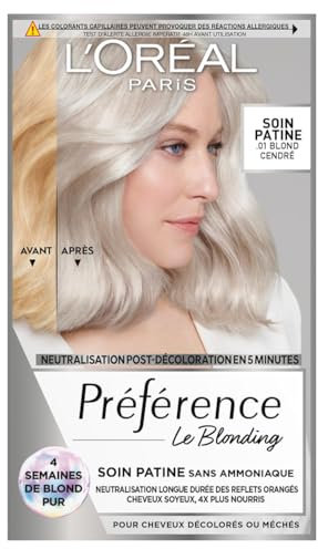L'ORÉAL PARIS – Cuidado de pátina después de la decoloración – Neutraliza los reflejos naranjas y nutre el cabello – Sin amoniaco – Color preferente Le Blonding – Tono: rubio ceniza (01)