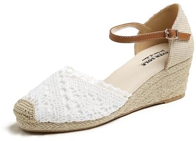 Feversole dam kil sandaler minnesskum slingback mellanklackar mode Espadrille ankelrem sommarskor, Vit kil stickad virkad jute, 39 EU