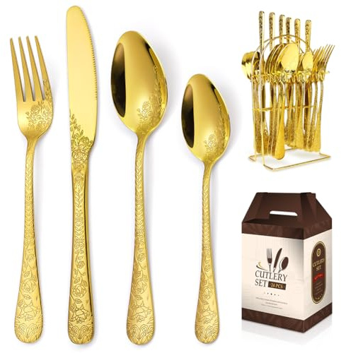Home Safety Besteck Set Gold 6 Personen, Edelstahl Modern Goldenes Besteck 24 teilig, Essbesteck Set mit Messer/Gabel/Löffel, Hochwertiges Edelstahlbesteck, Spülmaschinenfest