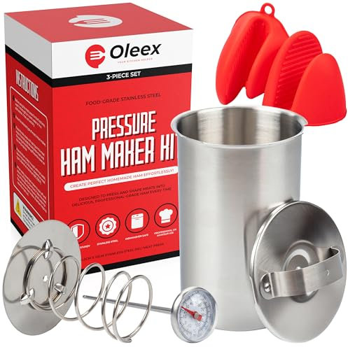 Oleex Lunch Meat Press Mold for Deli Meats-Homemade Ham Maker Meat Press Tool with Cooking Thermometer, 10 cooking bags & Recipe book-Multipurpose Stainless Steel Pressure Sandwich Lunchmeat Maker