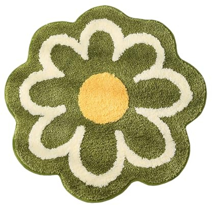 Blumenförmiger Teppich, Niedlicher Gänseblümchen-Teppich, Blumen-Badezimmerteppich, 23,6 Zoll Runder Teppich, Rutschfeste, Wasserabsorbierende Badezimmermatte, Weiche(Grün)