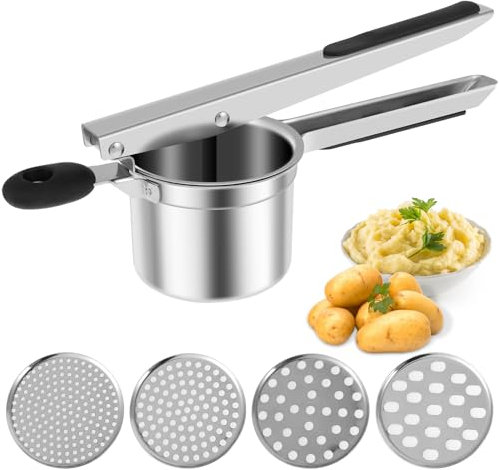 Kartoffel Ricer Edelstahl Kartoffel Masher mit 4 abnehmbaren Scheiben Manuellem Lebensmittelmasher mit Nicht -Schlupf -Griff 15 Unzen Küche Obst und Gemüse Press 12,99 × 4,7 Zoll Lebensmittel Ricer fü