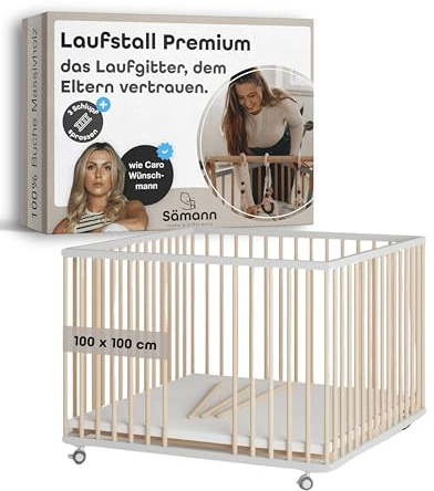 Sämann Laufstall Baby mit 3 Schlupfsprossen | TÜV geprüft | stufenlos höhenverstellbar | Laufgitter Premium | Babybett aus Holz | Krabbelgitter (weiß/natur, 100x100 cm)