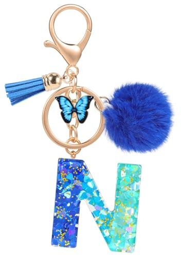 MWOOT Name Buchstabe Schlüsselanhänger, Blau Schlüsselband für Damen Mädchen Geschenk, Harz Schlüsselringe für Tür Auto Schlüssel Handtaschen Deko