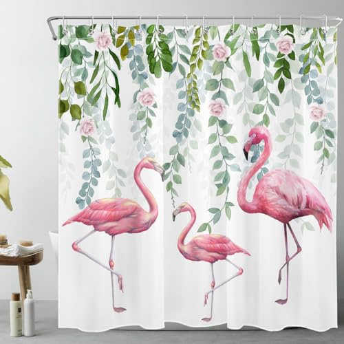 LB Grünes Blatt Duschvorhang 180x200cm(BxH) Tropischer Flamingo Antischimmel Wasserdicht Badezimmer Vorhänge, Rosa Rosenblüte Extra Lange Polyester Stoff Bad Vorhang mit Haken