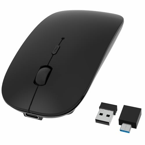 HOTDREAM Ratón inalámbrico recargable con Bluetooth para MacBook Pro/Air/iPad Air/iPad Pro/Laptop/Tablet/iPhone/PC, Bluetooth 5.2/3.0 y 2.4GHz Ratón de modo dual, color negro