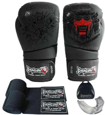 Yakuza Boxhandskar, Muay Thai kickboxning, sparring, män och kvinnor, boxningshandskar, kickboxningshandskar kampsport, träning, svart, inkl. bandage och munskydd set om 3. 16 oz