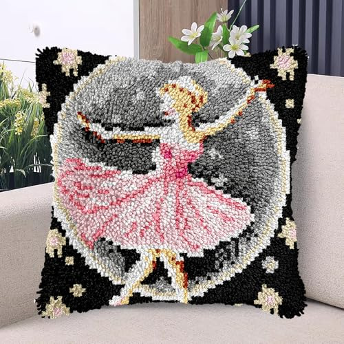 Dancing Ballerina Ballet Girl DIY Latch Hook Kits Pillow with Printed Canvas Handmade Cushion Crochet Yarn Embroidery Hook and Latch Kit Pillowcase Christmas Decor 43x43cm