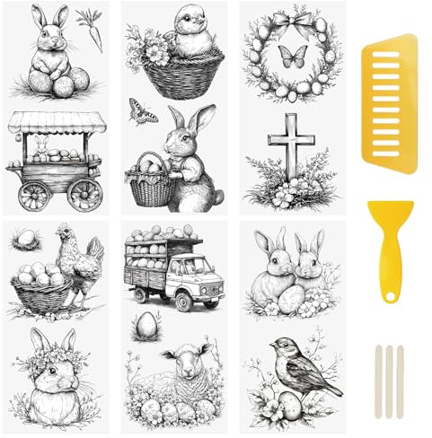 WANDIC 6PCS Easter Theme Rub On Transfer Stickers, Black and White Transfer Decals for Furniture Scrapbooking Window, 15 * 30cm