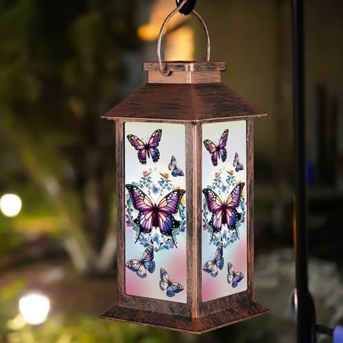 Farol solar impermeable para exteriores, decoración de jardín, regalo de cumpleaños para mujeres, mamá y abuela, luz LED solar decorativa colgante para patio (mariposa)