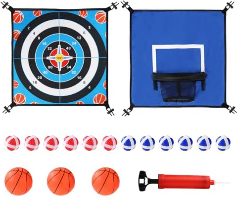 Lyreh Trampolin Spielzeug Zubehör, Inklusive Basketballkorb und Dartbrett Spiel Doppelseitige Trampolinspielaufsätze aus Oxford-Stoff(Blau)