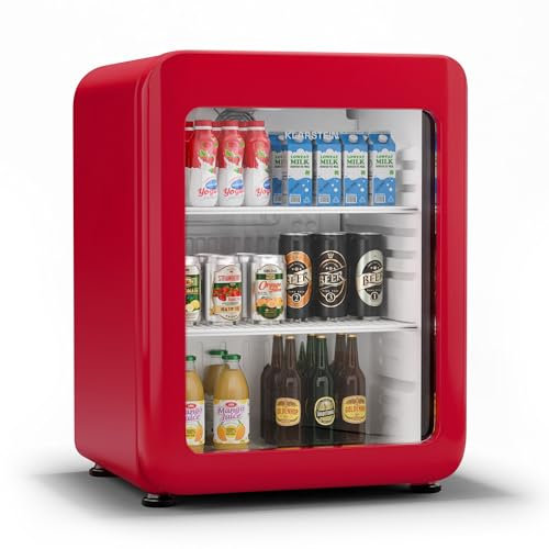 KLARSTEIN Audrey EVO Nevera Bebidas - 68L Frigorífico Retro Rojo, Puerta Doble Acristalamiento, Iluminación Led, Termostato Mecánico, 0-10°C, Clase Energética C