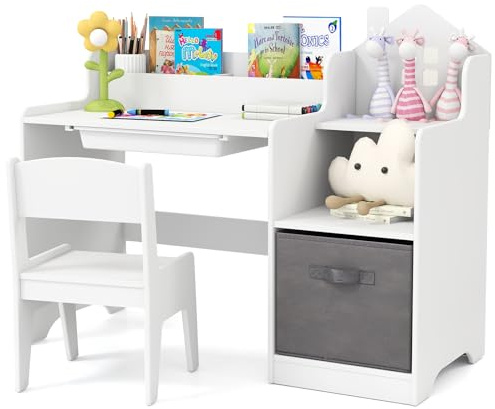 Maxmass Kids Desk and Chair Set, Wooden Children Study Table with Drawer, Open Shelves, Fabric Storage Bin, Toddler Writing Table Student Workstation for 3+ Years Old Boys Girls (White)