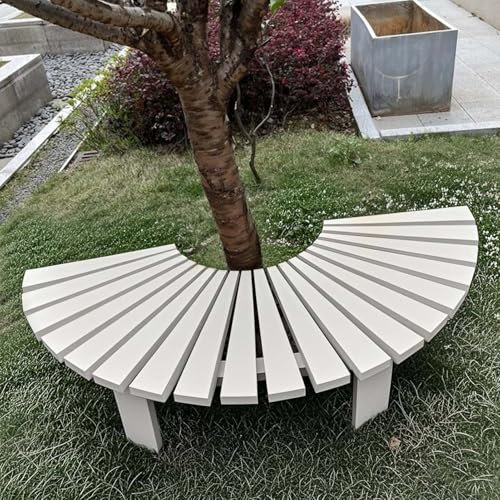 Geschwungene Baumbank aus Holz, Sitzgelegenheiten für den Außenbereich ohne Rückenlehne, robuste, wetterfeste Bänke für Garten, Terrasse, Veranda, Hinterhof, rustikaler Pflanzenständer(Weiß,Half Round