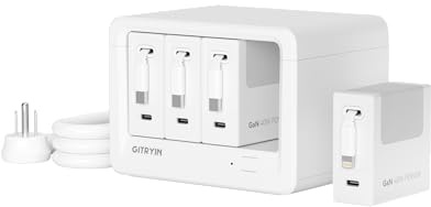 Gitryin 12-in-1 Desktop Charging Station, 160W USB Retractable GaN Charger | Multi-device Modular Charging Hub, 3 retractable Type-C charger, 1 flash, 4 AC, 4 USBC, 33 inch cables, White