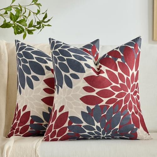 Kissenbezug 45x45cm Boho Dekokissen Rot und Grau Dahlie Frühling Sommer Leinen Dekokissen Sofakissen Dekorativ für Sofa Garten Wohnzimmer Schlafzimmer Terrasse 2er Set