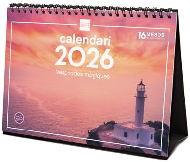 Finocam - Calendrier de bureau 2026 mois vue janvier - décembre 2026 + sept. - Déc. 2025 (4 mois) réduits | Calendrier 2026 | Images Couchers de soleil magiques - Catalan