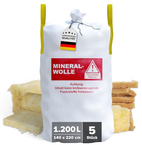 D-TACK 5x KMF Big Bag | 140 x 220 cm inkl. Hebeschlaufen | Mineralwollsack aus PP-Gewebe | UV-stabilisiert | Säcke für Mineralfaserabfälle, Glaswolle und Isolierwolle | 1 m³ | 1200l