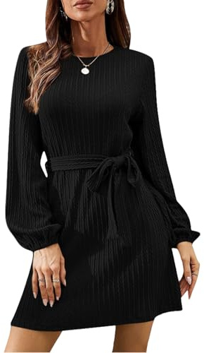 LIAMERHE Midi Robe Femme Manches Longues Col Rond Chic Elegant Robe Pull Automne et Hiver Casual Robes A-Line Rayures Verticales avec Ceinture Noir S