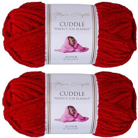 Utopia Crafts Cuddle Supertjockt Chenillegarn Körsbärsröd, 100 g 60 m Nystan, Fluffigt, Mjukt & Lätt att Använda, Chunkygarn för Virkning & Stickning, Nybörjarvänligt Alternativ till Ullgarn - 2-pack
