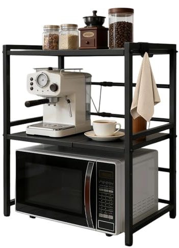 Brstheco Support pour Micro Onde, Étagère Extensible pour Micro-Ondes,Organisateur de Cuisine À Trois Niveaux Économiseur d'Espace, Facile à Installer Compatible avec Micro-Ondes, Hornos(Noir)