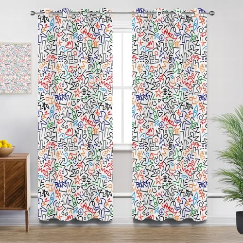 Mistela Blickdichte Gardinen Abstrakt - Verdunkelungsvorhang Bunte Kritzelei Kinder Vorhang mit Ösen für Schlafzimmer Wohnzimmer - 2er Set - H260 x B140cm, Bunt