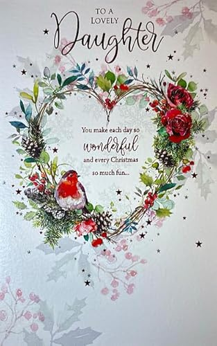 Cherry Orchard Lovely Daughter Christmas Card, Floral Heart Wreath Design with Robin, Red Roses, Holly, Traditional Holiday Greeting