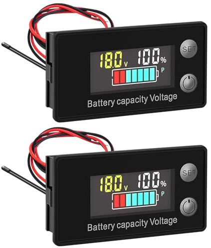 2 Stück Batteriewächter, DC 8-100V Batteriekapazitätsmonitor, 12V 24V 36V 48V 60V 72V 84V Batterieanzeige, Batteriemessgerät mit Summeralarm und Temperatur, Batteriestand Spannungs für Autos Boote