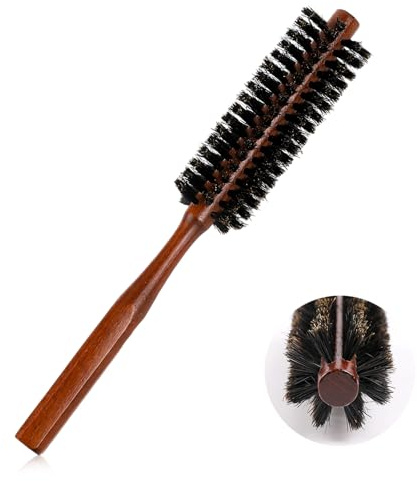 TIESOME Cepillo redondo de cerdas de jabalí, 3,2 cm, pequeño cepillo redondo de cerdas de jabalí con mango de madera natural, cepillo enrollador para mujeres y hombres para secar, peinar y rizar (rojo