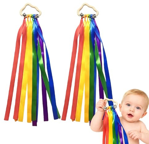 2 Pcs Sensory Wooden Ring Baby Toys,Teething Rattle with Rainbow Ribbon and Bell, Educational Infant Toys for Babies and Toddlers, Wooden Grip Toy for Crawling Play and Development