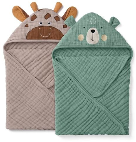 Blissful Diary Musselin Baby kapuzenhandtuch Baby, 2er-Pack,Weiche und Saugfähige Baby Handtuch Kapuze, Baumwolle Baby Badetuch Unisex, Babygeschenk, Baby-Basics, 81x81cm, Bär & Giraffe