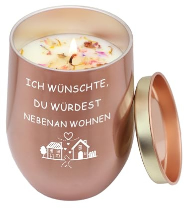 Gratitopia Geschenke für Beste Freundin Geburtstag – Ich wünschte du würdest nebenan wohnen Kerze mit Spruch – Lavendel Duftkerze im Doppelwandigen Metallbecher – Lustige Geschenke Frauen Schwester