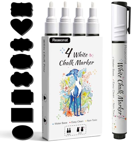 Reaeonat White Chalk Pens, 4 Pack Liquid Ink Chalk Markers Wipe Erasable Pen Set 3mm and 6mm Reversible Tip with 48 Jar Labels for Whiteboard, Blackboards, Windows, Glass, Chalkboards, Signs, Art
