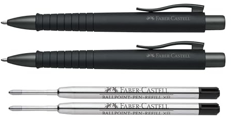 Faber-Castell 241190 Kugelschreiber, POLY BALL XB (Stift + 2 Ersatzminen schwarz, Schwarz, 2er Set Stift)
