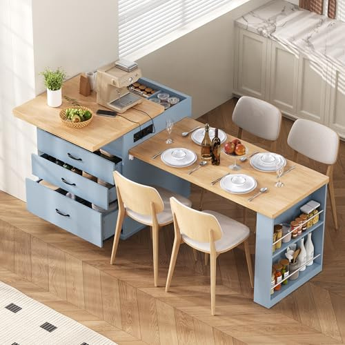 Kebnor Kücheninsel mit Rollen, Ausziehbarer Esstisch mit LED-Beleuchtung, Küchentisch mit Steckdosenleisten, dient als Kücheninsel, Anrichte, Sideboard oder Bartisch für Küche und Esszimmer (Blau)