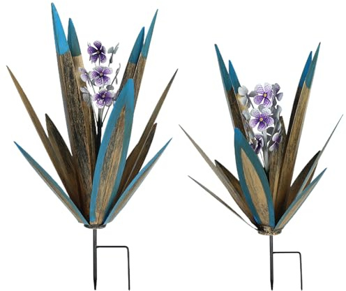Plantes d'agave en métal pour cour | 2 pièces plantes d'agave en métal décor extérieur 19 et 16 pouces jardin solaire 7 couleurs éclairage automatique sculpture de plante étanche avec piquets décor
